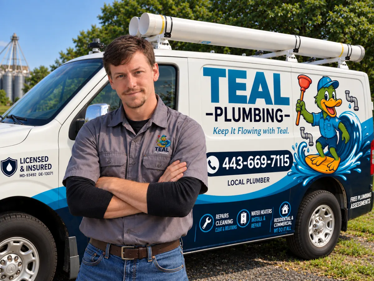 Andrew Teal, owner and master plumber, standing beside the Teal Plumbing van
