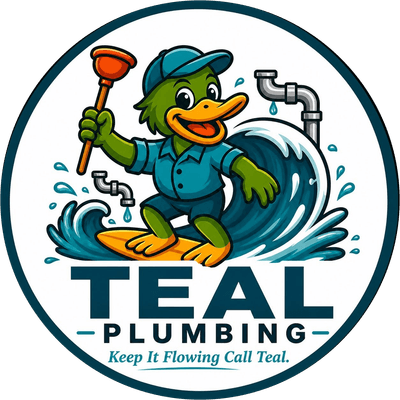 Teal Plumbing logo: duck plumber surfing a wave