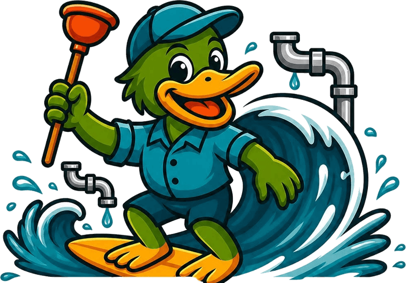 Teal Plumbing duck mascot in a teal cap and uniform, holding a plunger and surfing a wave
